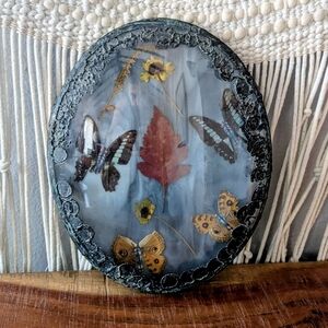 Decorative Oval Resin Art with Butterflies and Leaves